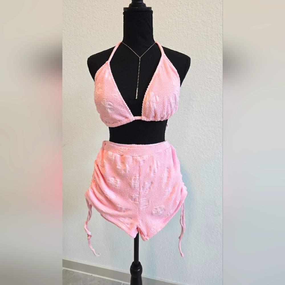 Pink Knit Halter Top and Swimsuit Bikini Shorts Set